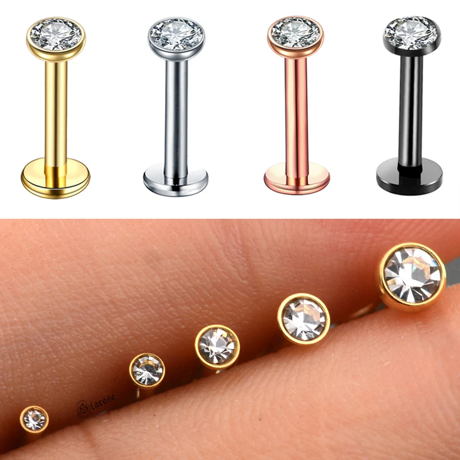 2Pcs 1.2x6/8mm 1.5/2/2.5/3/4mm Crystal Nose Piercing Labret Stud Lip Ring Tragus Piercing Helix Lobe Flat Piercing Ear Jewelry