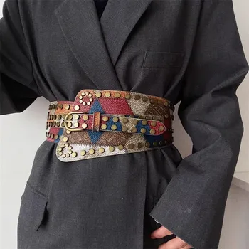 여성용 신축성 빈티지 펑크 커머번즈, 여성용 원피스 코르셋, 허리띠 벨트 장식, 와이드 벨트, R2575, 런웨이 패션 리벳