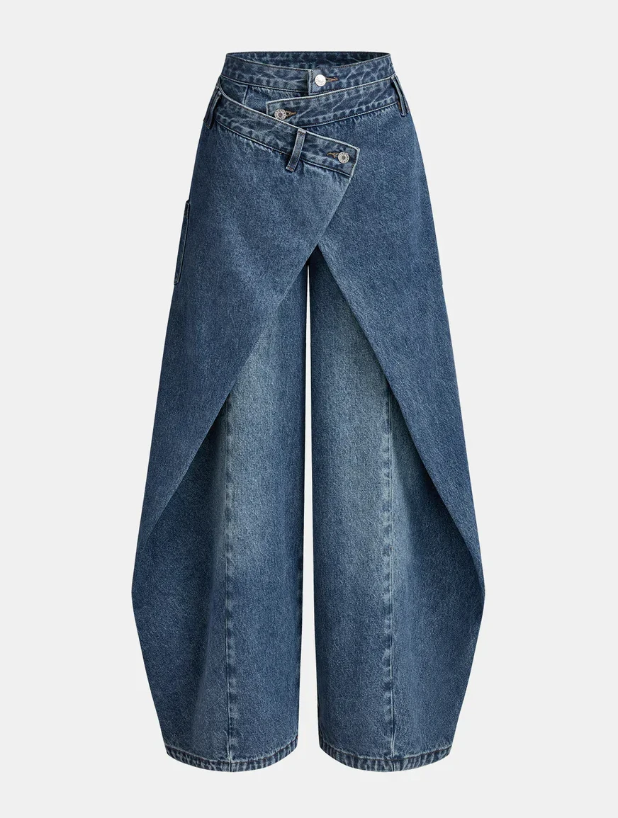 

Spring Summer Women Casual Harajuku High Street Trouders Cross-Front Wide-Leg Jeans Loose Button Pocket Washed Jean