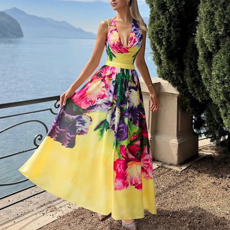 

Holiday bright yellow printed casual one-piece swimsuit set multi style sleeveless 2026 summer new swimsuit