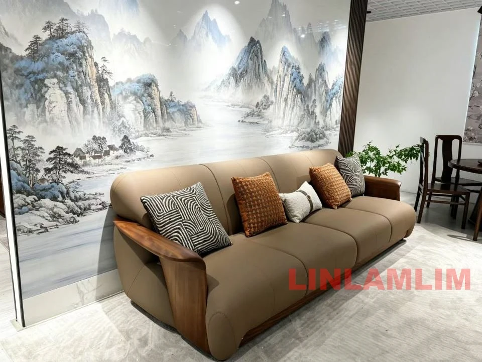MANBAS Genuine Leather Sofa Couch, Mid-Century Upholstered Living Room Sofa with Solid Wood Armrests, for Home Apartment Office