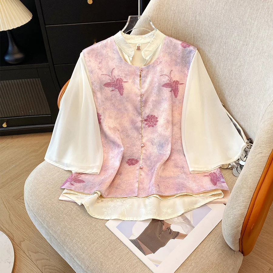 New Chinese Style Low Collar Handmade Embroidered Satin Lady's Gentle Temperament Blouse with Lotus Leaf Sleeves