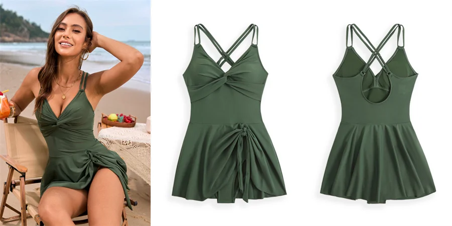 Damen-Badeanzug mit Blumenmuster, einteiliger Badeanzug, Twist-Front, V-Ausschnitt, doppelte Spaghettiträger, Bauchkontrolle, Badeanzug, Strand-Bademode – Detail 3