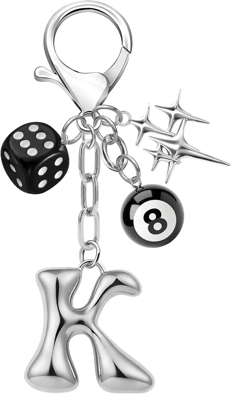 

Y2K Bubble Letter A-Z Silver Star Dice Keychain Gothic Bag Charm for Women