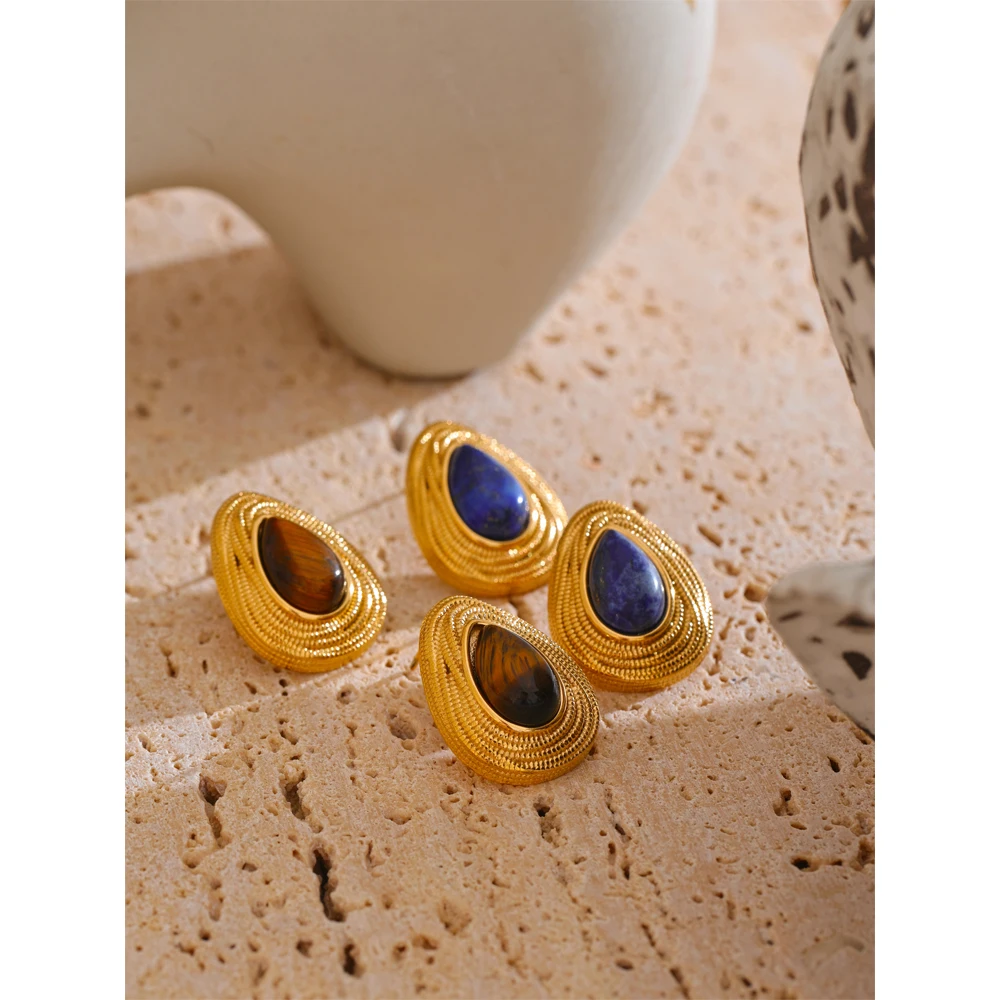 Yhpup Water Drop Natural Stone Fashion Geometric Daily Stud Earrings Vintage Tiger Lapis Lazuli Charm Jewelry Gold Color PVD