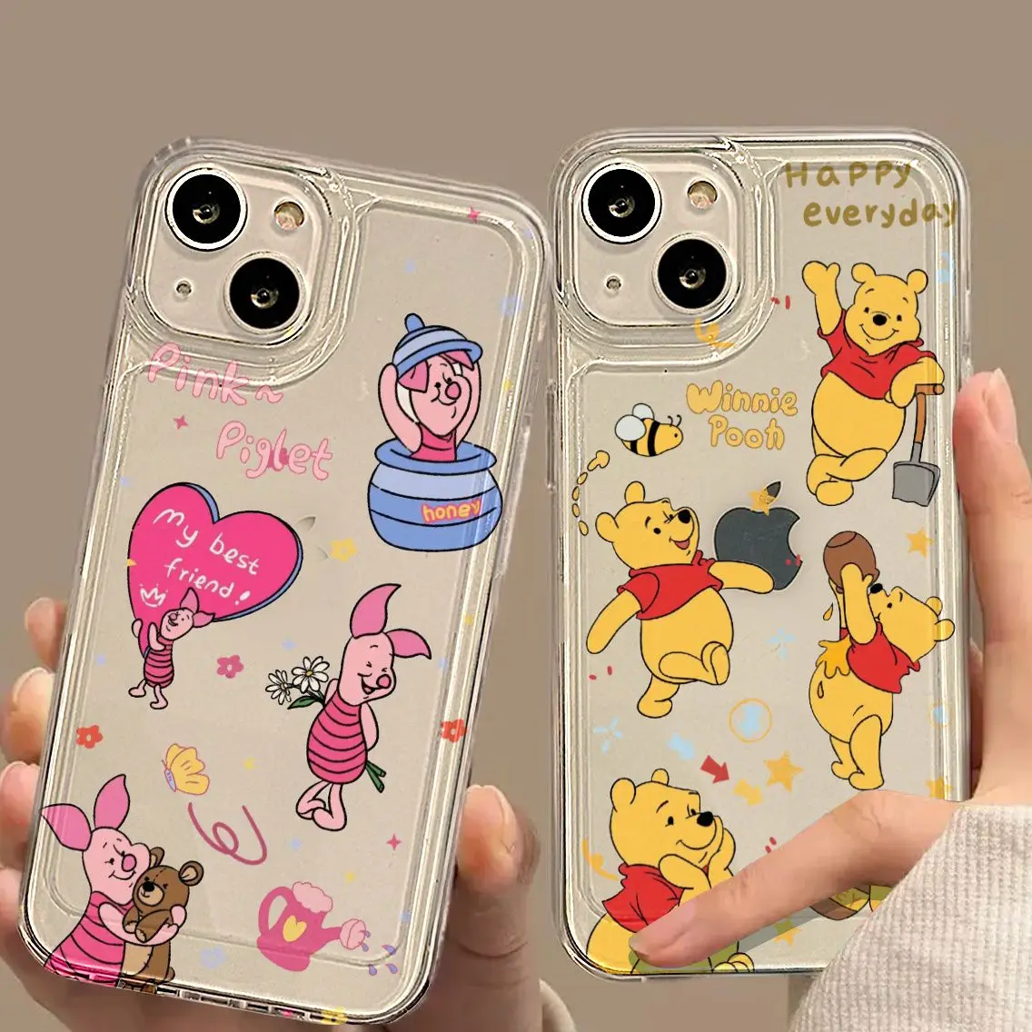 Disney Winnie The Pooh And Piglet Happy Phone Case For iPhone 15 14 13 12 11 Pro Max XS Max XR 7 8 Plus Y2K Soft Cute Back Cover