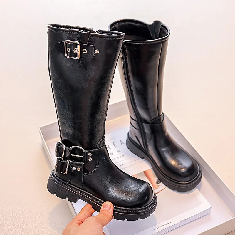 Girls High Boots 2023 Winter Toddler Kids Princess Fashion Brand Knee Long Boots Children Genuine Leather Buckle Warm Fur Shoes