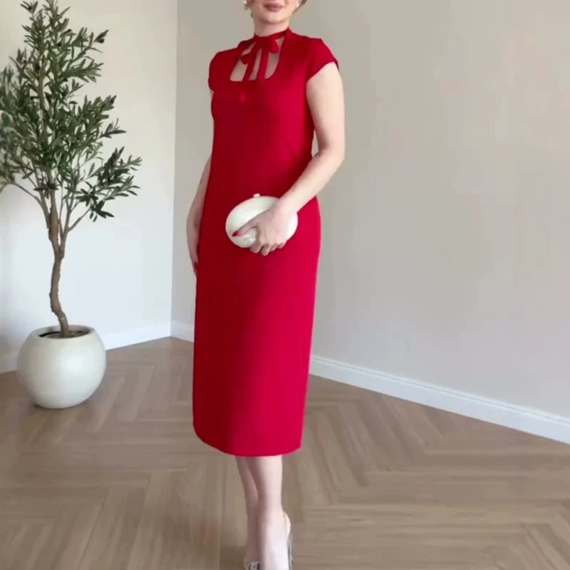 Casual Short Sleeve Long Party Dress Fashion Square Neck Lace Up Hollow Women Dress Elegant Dot Pattern Print Hight Waist Dress