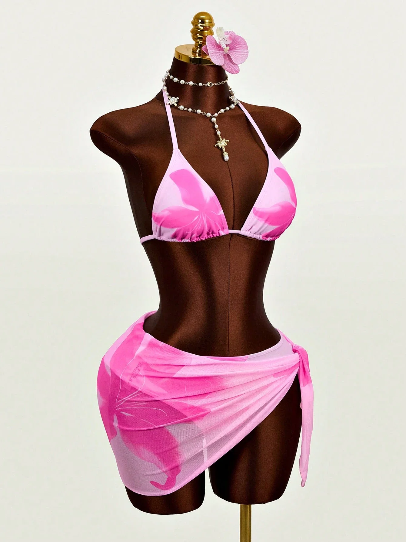 

Floral Print Halter Tie Back Sexy 3-Piece Bikini Set Pink Beach Vacation