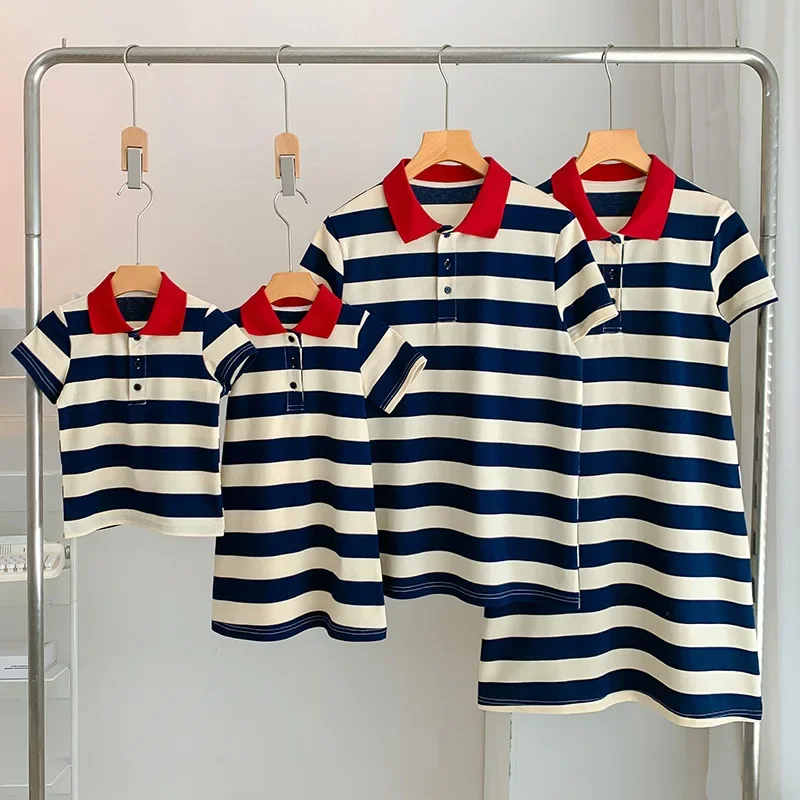 

Summer Parent-Child Matching Striped Clothes For The Whole Family Short Sleeve Clothing Mom And Daughter Dress Dad Son Shirts