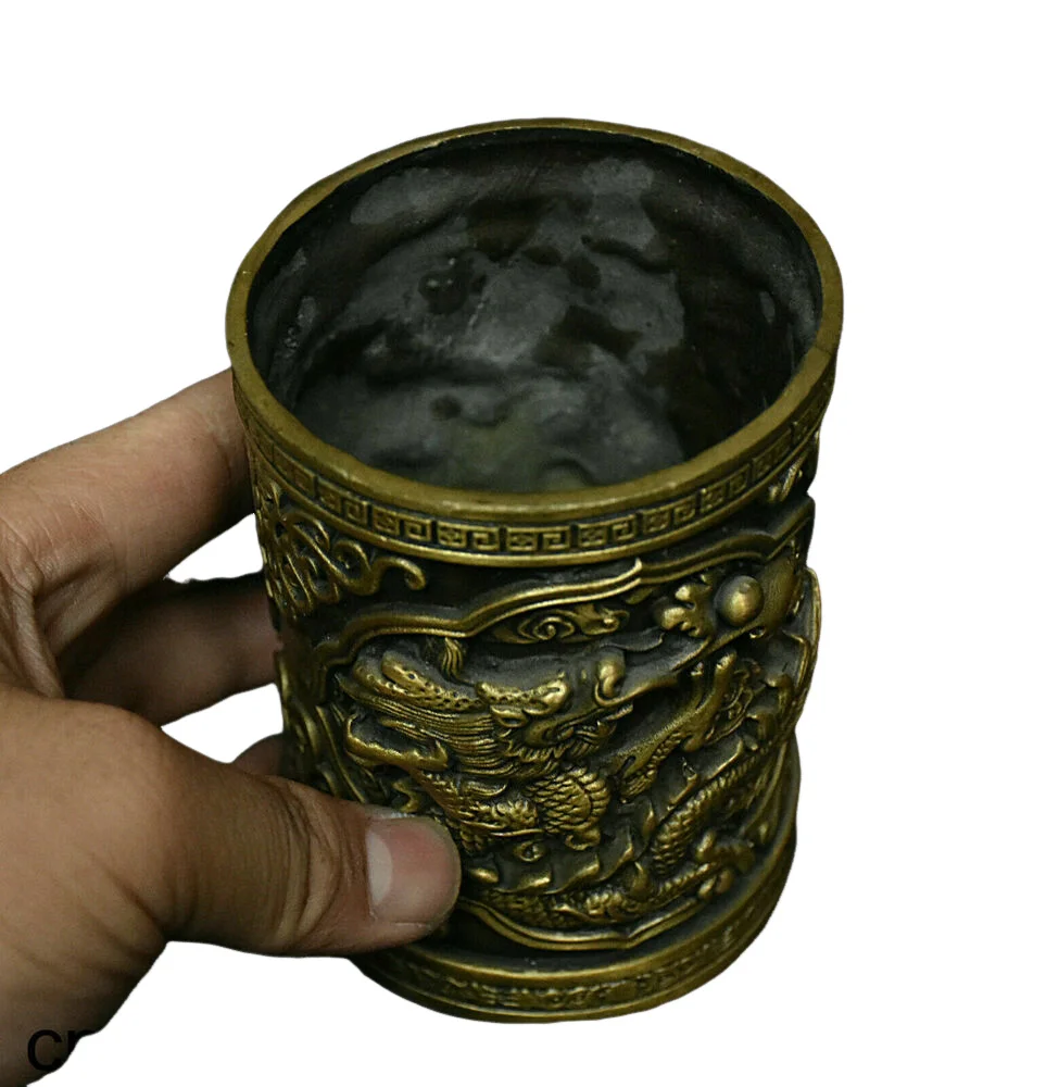 

Old China Dynasty Bronze Zodiac Year Dragon Animal Statue Brush Pot Pencil Vase