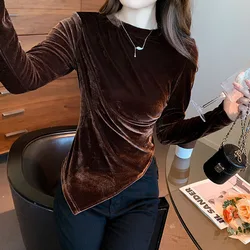 Autumn Winter Korean Slim Solid Color Irregular Tops Women's Clothing Fashion Round Neck Commute Simplicity Long Sleeve T-shirt