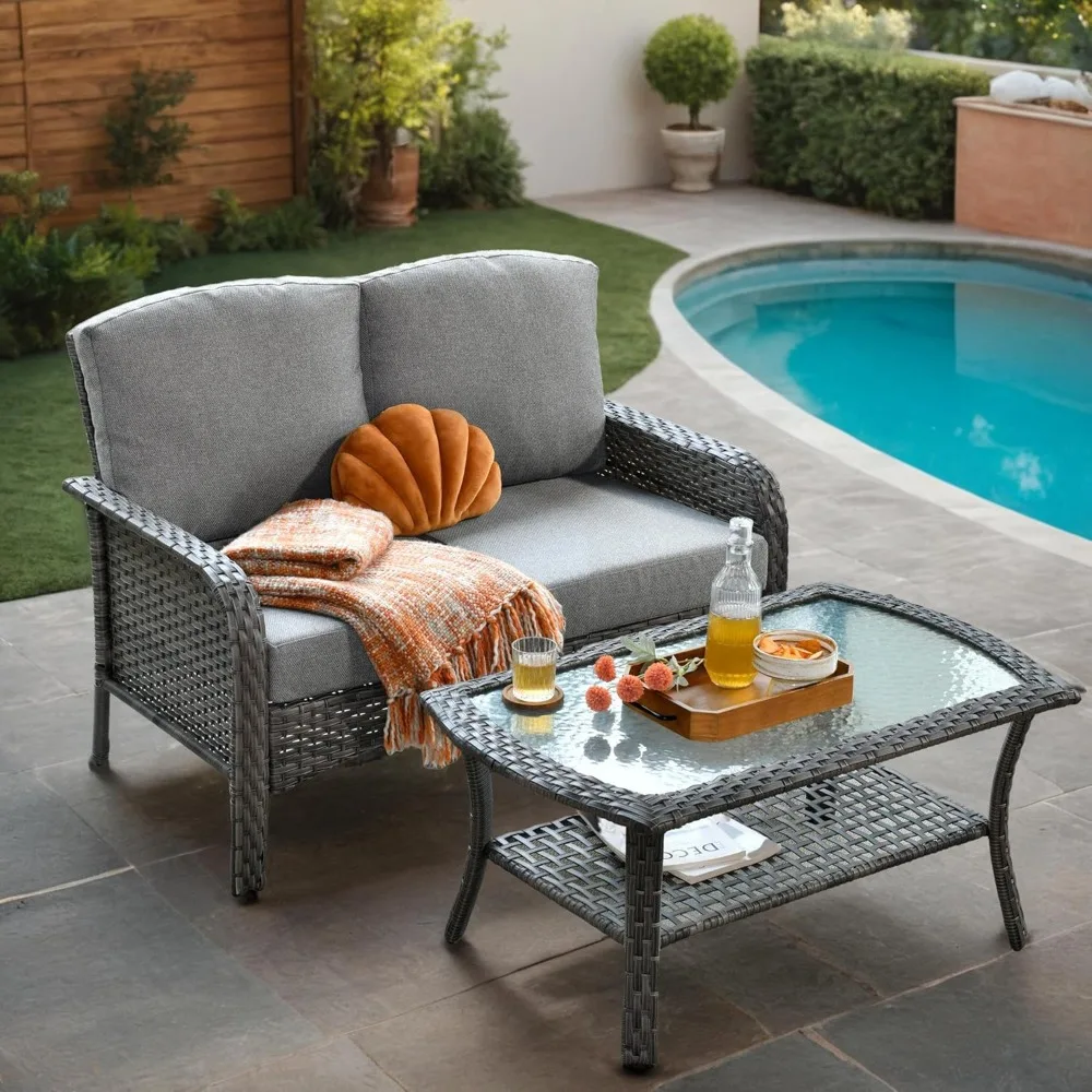 

2-piece set of wicker terrace furniture with table sofa - Outdoor wicker terrace tavern 2-piece set, all-weather PE wicker
