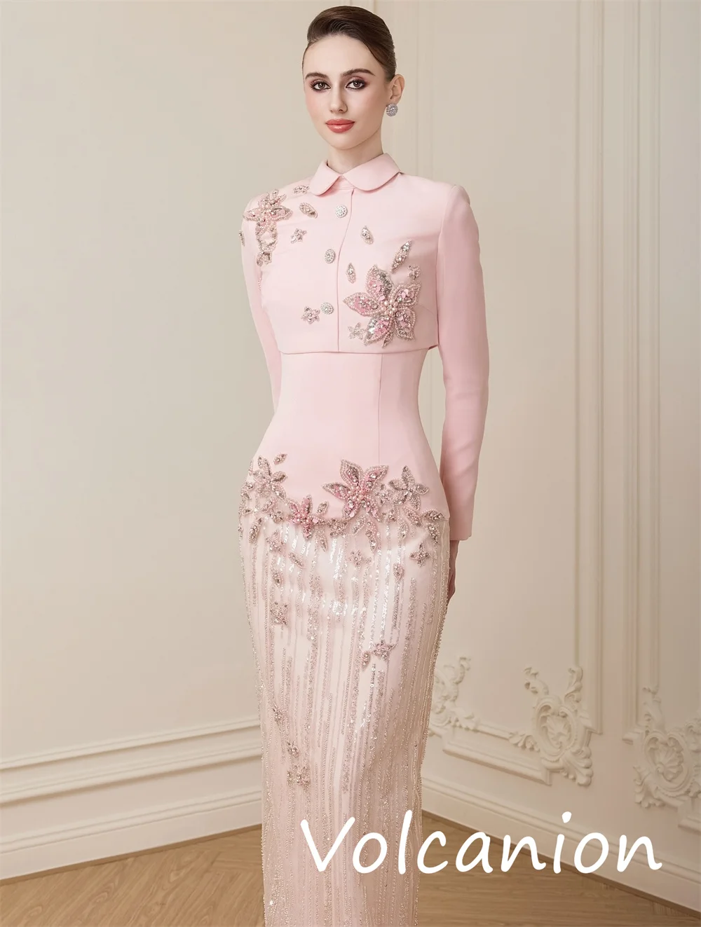 Customized Modern Style Jersey Sequined Flower Straight High Collar Long Dresses Bespoke Occasion Elegant Sparkle