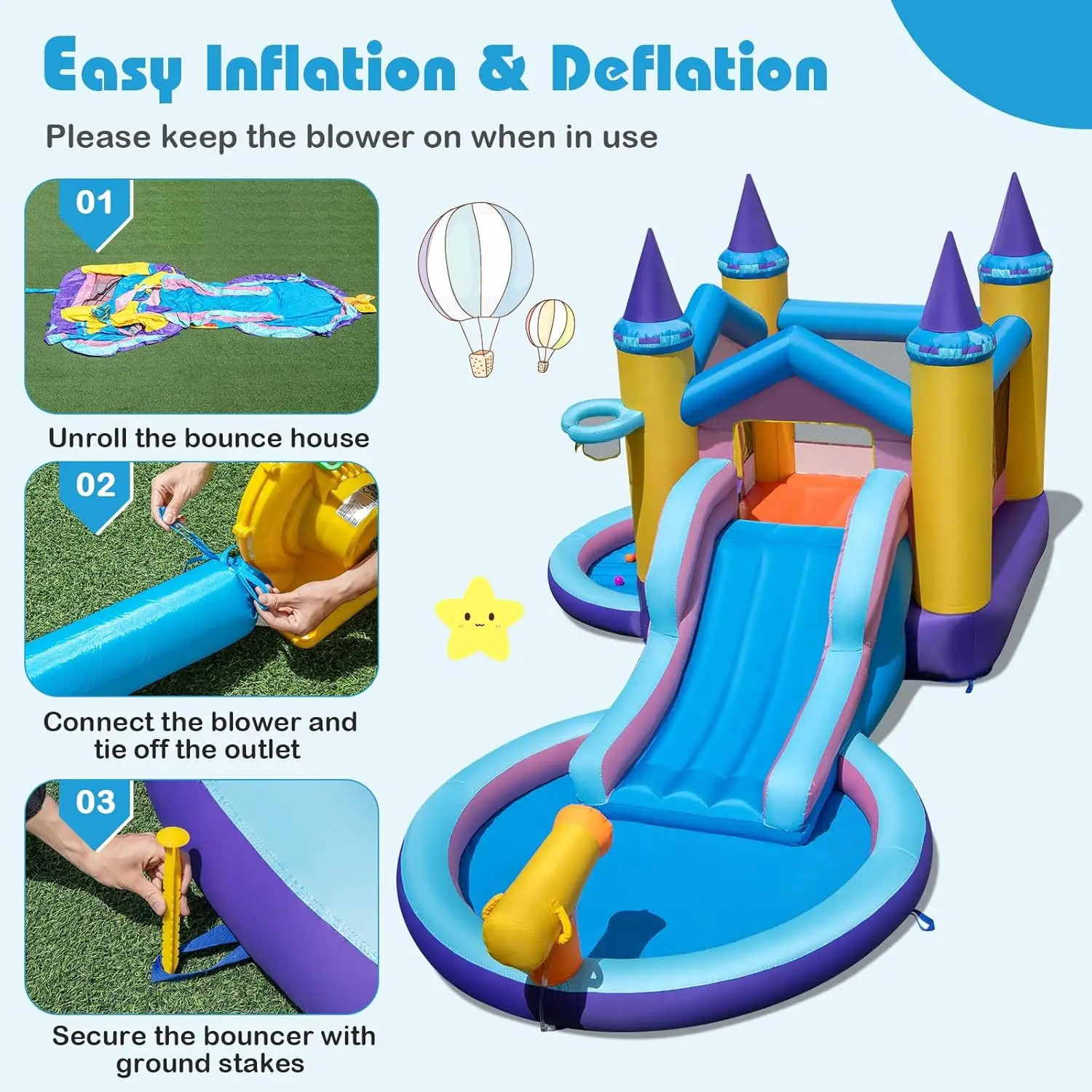 Inflatable Water Slide, Ocean Bounce House Water Park with Ball Pit & Splash Pool for Outdoor Fun, Bouncy Castle Waterslides Inf