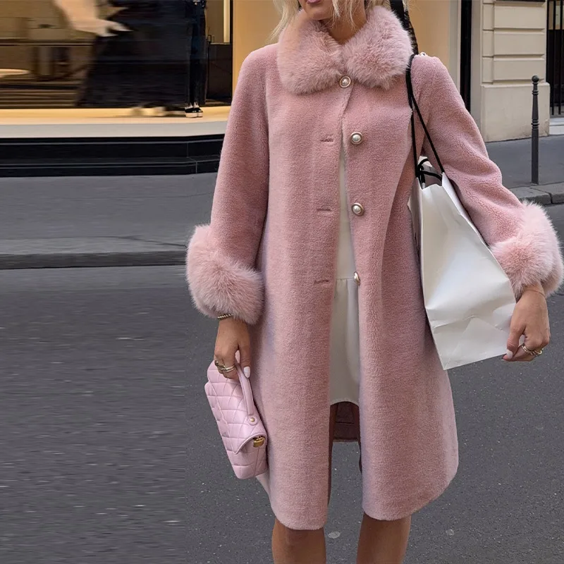 

Women's Pink Cute Fur Medium Long Coat Pink Buttoned Fur Collar Winter Coat Commuter Cloting 2025 Women's New Fashion Clothes