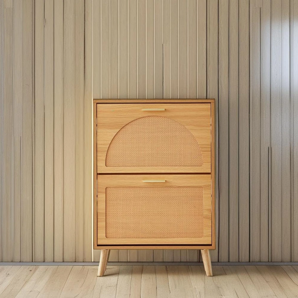 

Shoe cabinet with 2 flip-out drawers, shoe locker at the entrance, free-standing shoe storage rack with rattan door