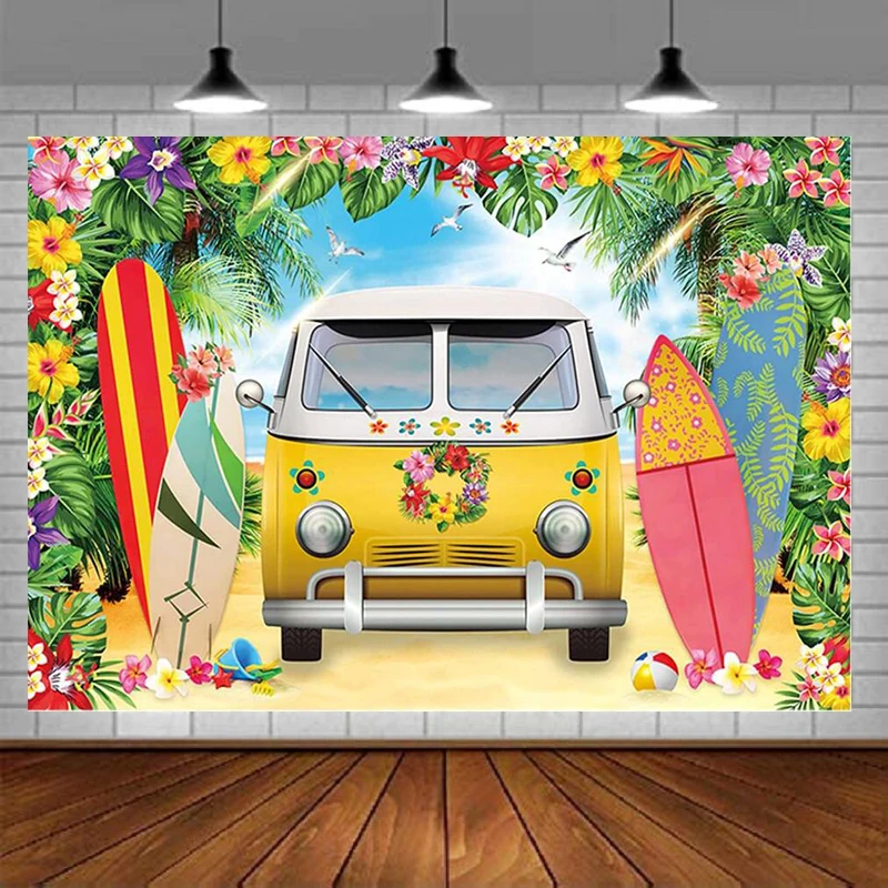 Bus Photography Backdrop Tropical Sea Beach Truck Surfboard Background Hawaiian Camping Birthday Baby Shower Party Supplies