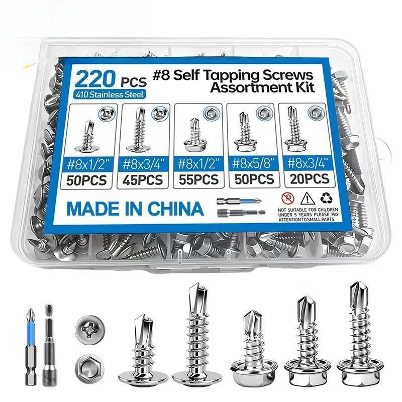 220Pcs 410 Stainless Steel Self-Drilling Screws, Hex Head Self-Tapping Drill Tail Screws Assortment Kit