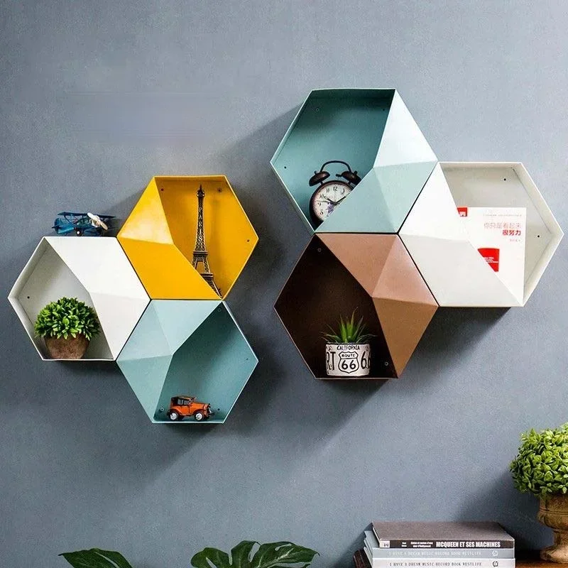 Creative Combination Flower Pot Wall Hanging Wall Decoration Living Room Bedroom Geometric Hexagonal Wall Decoration Shelf