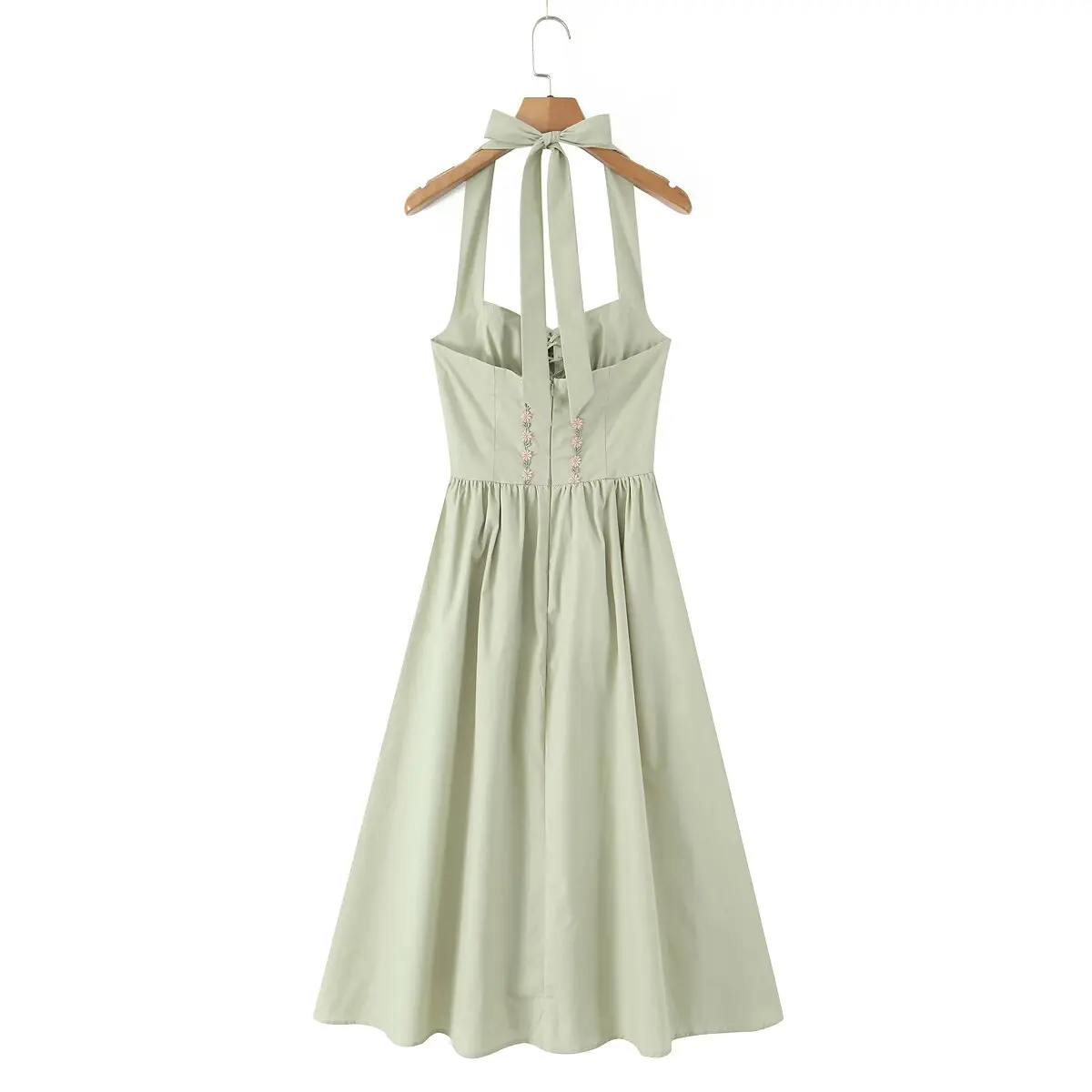 Jenny&Dave French Country Style Lazy Light Green Flower Embroidered Suspender Dress For Women Lace Up Slim Fit Party Dress Women