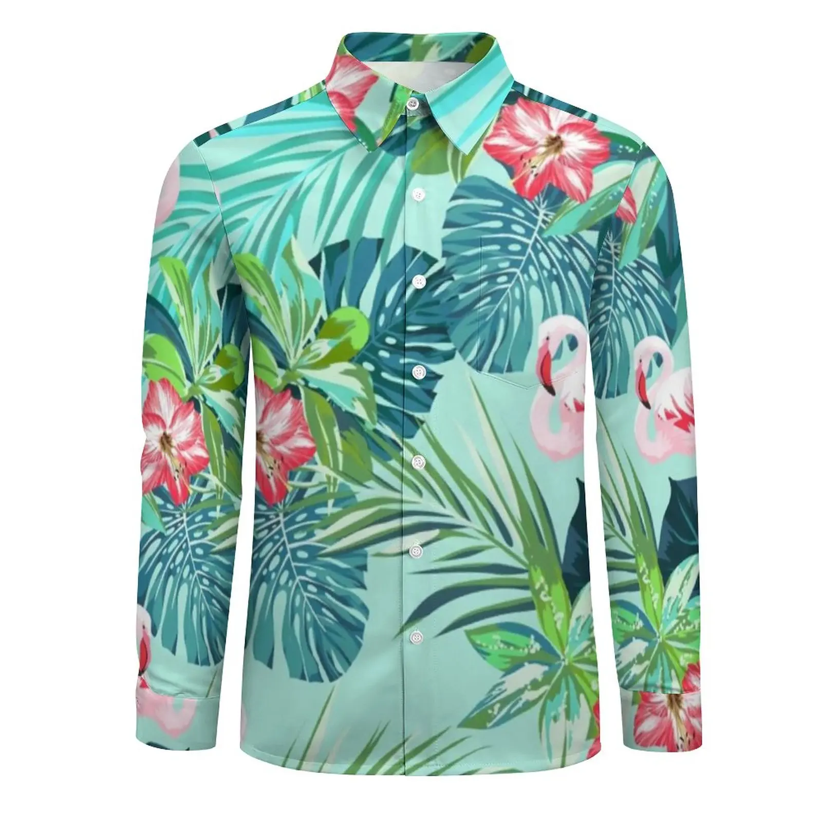 Flamingo Flower Print Street Style Casual Shirt Bright Green Leaf Shirt Autumn Novelty Blouses Long Sleeve Graphic Oversize Tops