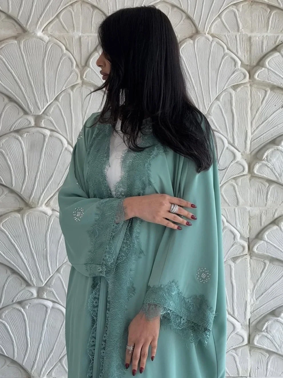 Eid femmes Abaya Cardigan Robe de soirée dentelle musulmane ouverte Abayas à manches longues Jalabiya Ramadan robes Largos caftan arabe longue Robe