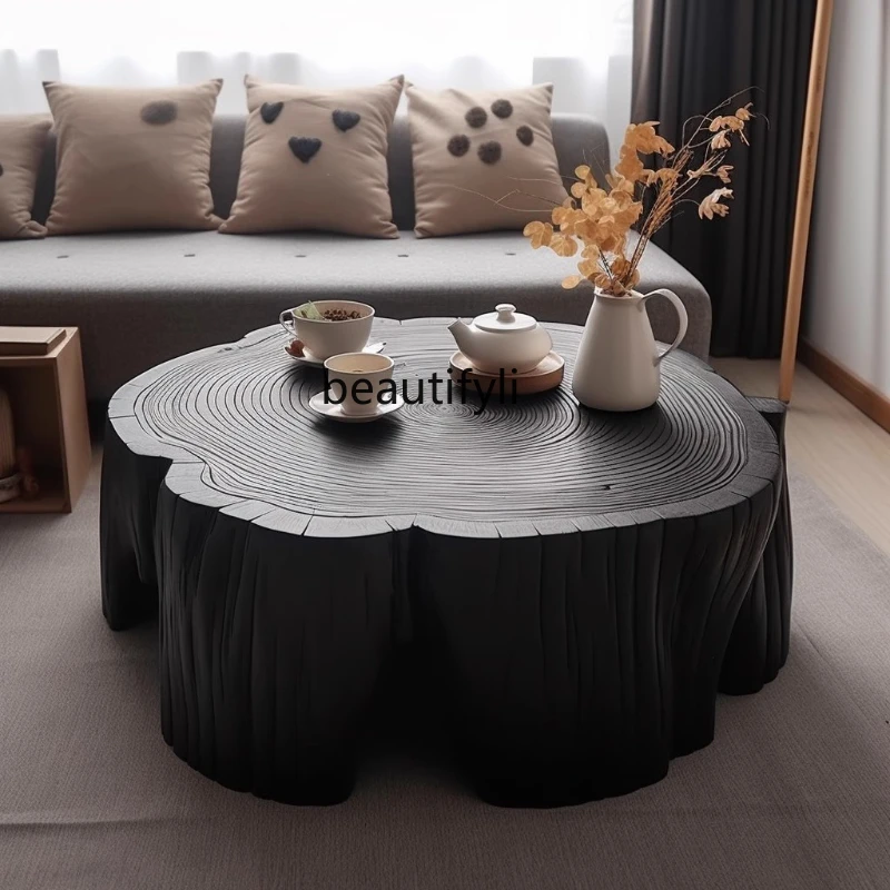 

Style Solid Wood Coffee Table Carbonized Home Minimalist Living Room Homestay Furniture Nordic Round Natural Wood Stool