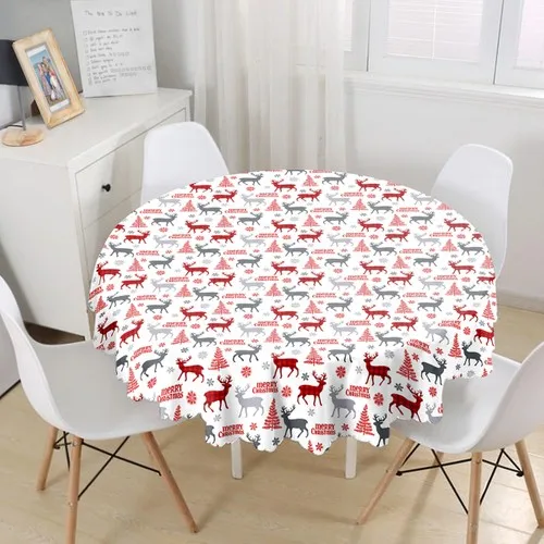 RealHomes Christmas Deer and Trees Themed Round Table Cloth-Diameter 140 cm