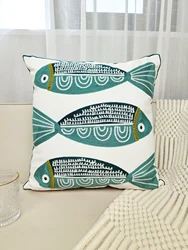 1pc, Blue Fish Embroidered Cushion Cover, 17.7inch*17.7inch, Top Quality Decoration For Living Room, Sofa, Car