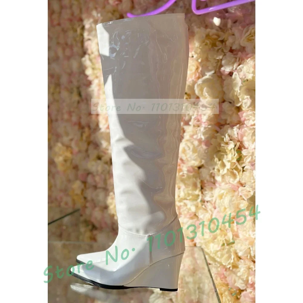 Metallic Wedges Long Boots Women Glossy Pointy Toe Gold White High Top Boots Ladies High Heels Winter Streetwear Dress Shoes image 2