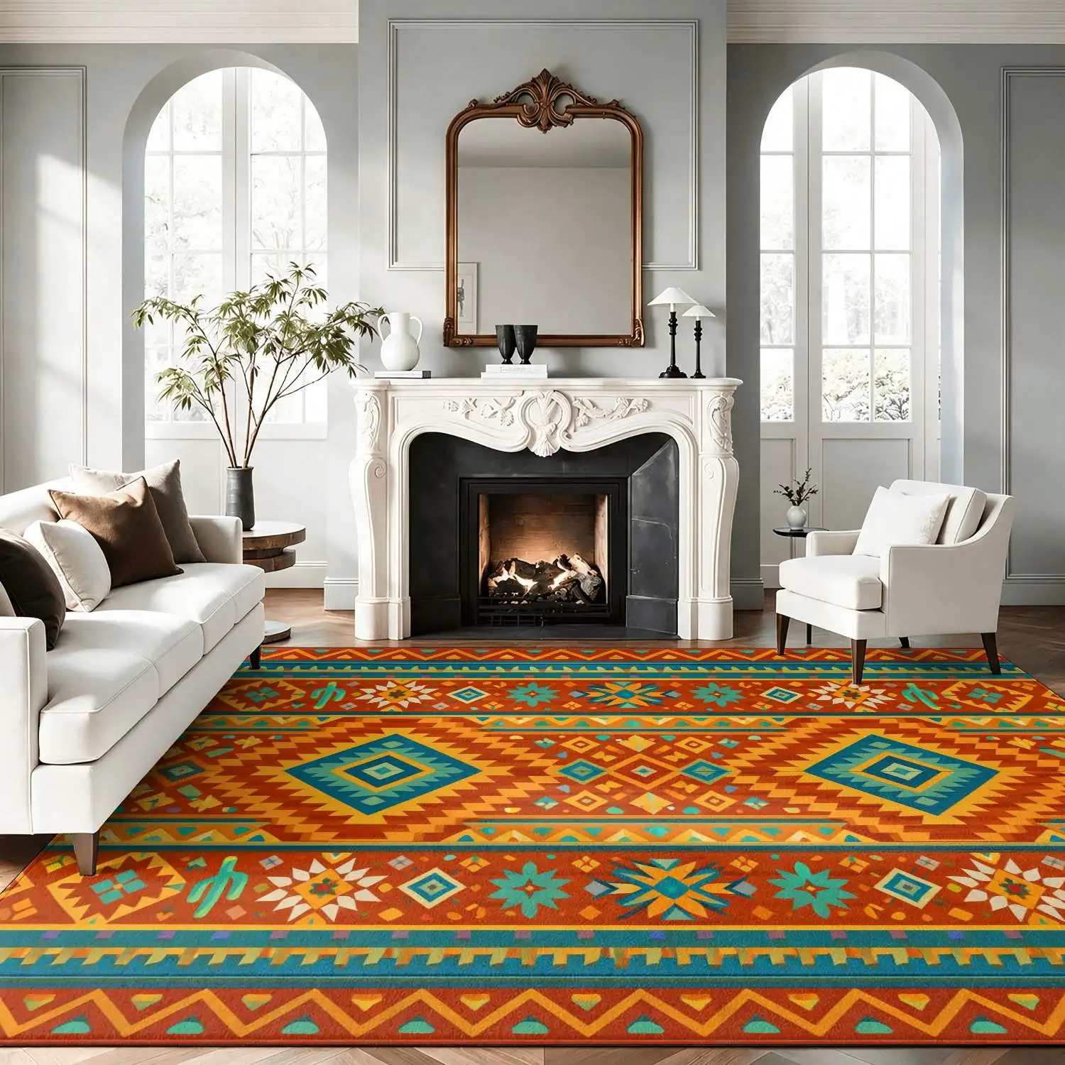 1Pc 2D Printed Carpet: Orange Blue Geometric Flower Bohemian Vintage European Style, Machine Washable, Multi-Size, for Home Decor, Entrance/Dining Room/Living Room/Bedroom Mats