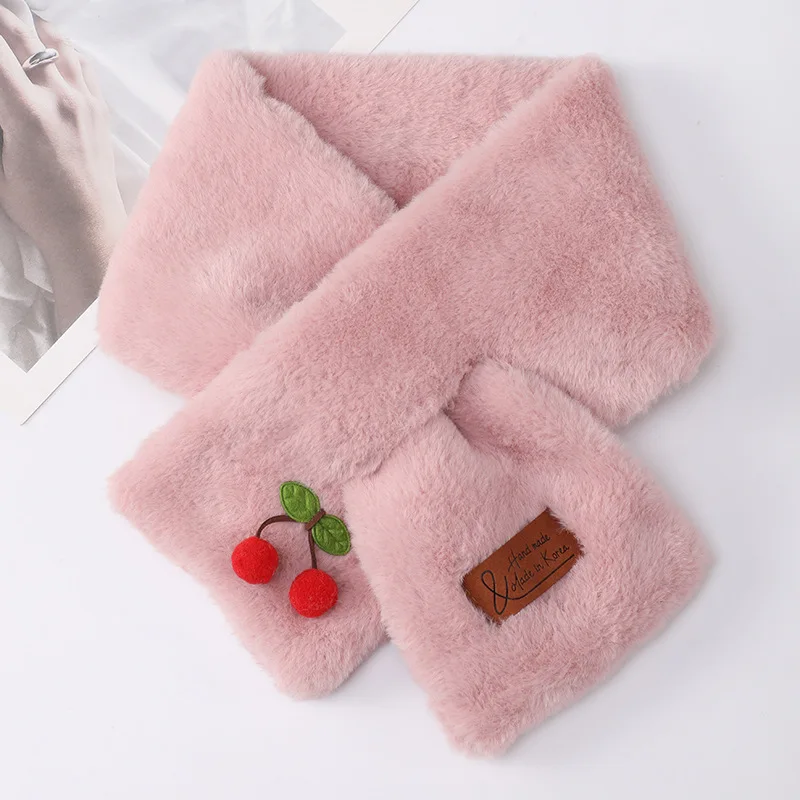 Christmas Cute Cartoon Cherry Faux Rabbit Fur Cross Plush Scarf Winter Thicken Neck Protection Versatile Womens Warm Fake Collar