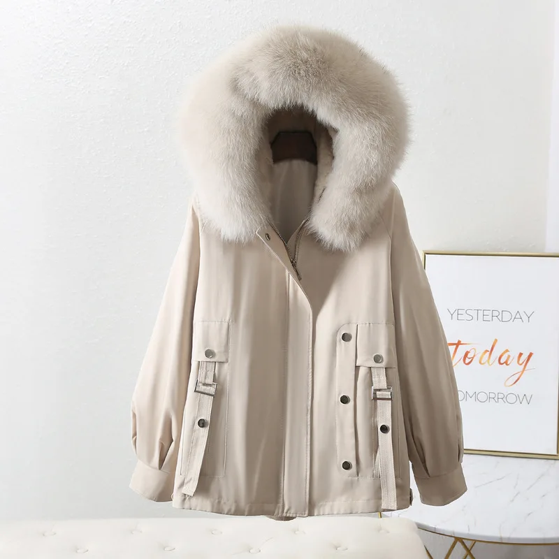 Brand High Grade Quality Women Thicken Warm Hoodie Down Parka Detachable Hat With Lining Rabbit Fur Hooded Winter Coat Jacket