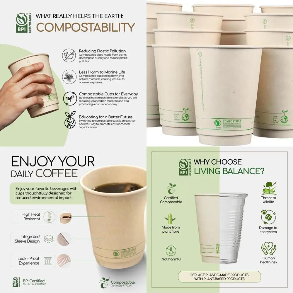 

Компостируемые кофейные чашки на 12 унций, упаковка 100 шт. со встроенными рукавами — герметичность, не содержит BPA, растительная основа для горячих и холодных напитков