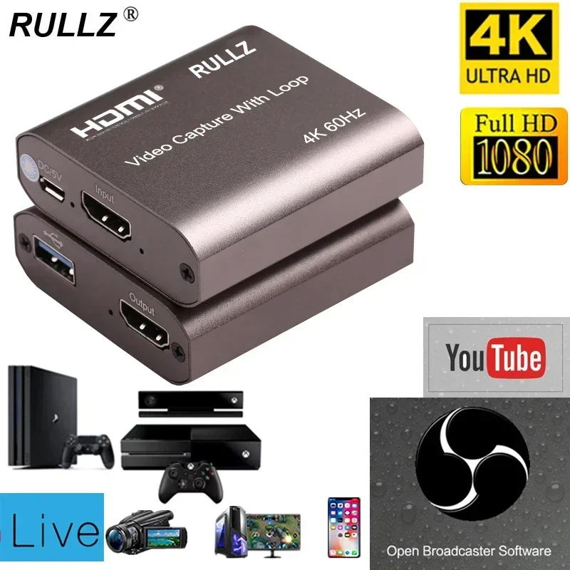 

4K 60hz Loop HDMI Capture Card Placa de Video Recording Plate Live Streaming USB 2.0 3.0 1080p Grabber for PS4 Game DVD Camera