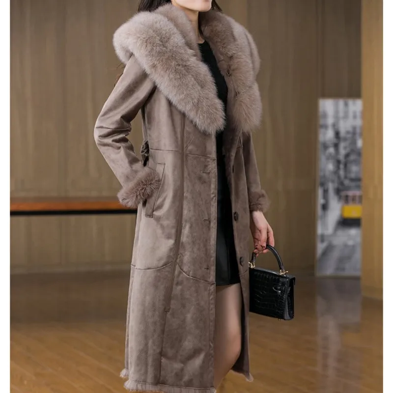 2022 New Women Winter Coats With Big Fox Fur Collar Real Rabbit Fur With Leather Jacket Over Size Parka Lady Fashion Outwear