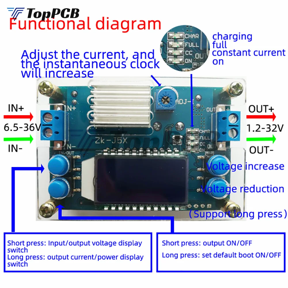 Imagem -04 - para 1.2-32v 5a 75w Step Down Buck Converter Módulo de Alimentação Regulador de Tensão Transformador com Caixa Dissipador cc cv dc 6.536v