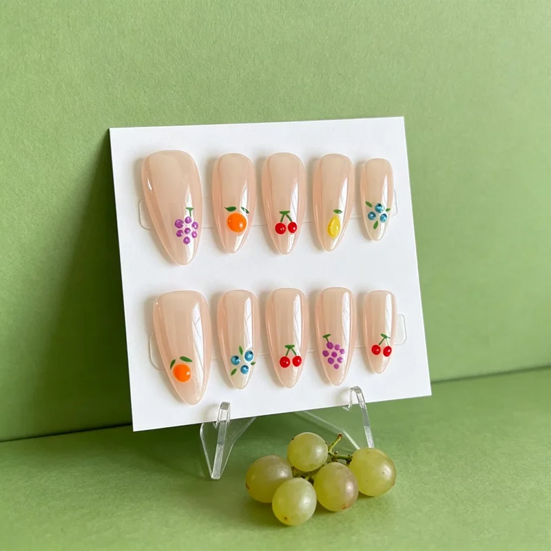 10PCS Fruity Handmade Press on Nails Grape Cherry Design False Nails Wearable Almond Reusable Orange Cute Manicure Nude Nails