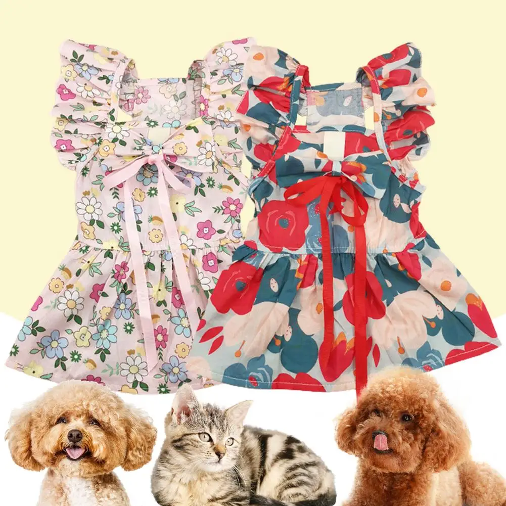 

Floral Princess Dress With Bow Tie Sleeveless Breathable Spring Summer Charming Pet Skirt Plaid For Small Dogs Cats Yorkshire