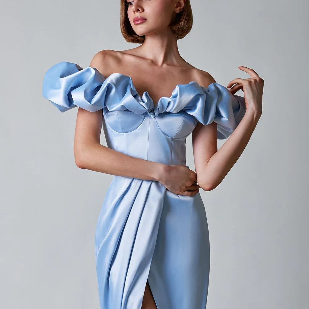 

High split fork commuter dinner one-word shoulder tube top ruffle edge dress fashion simple versatile temperament luxury elegant