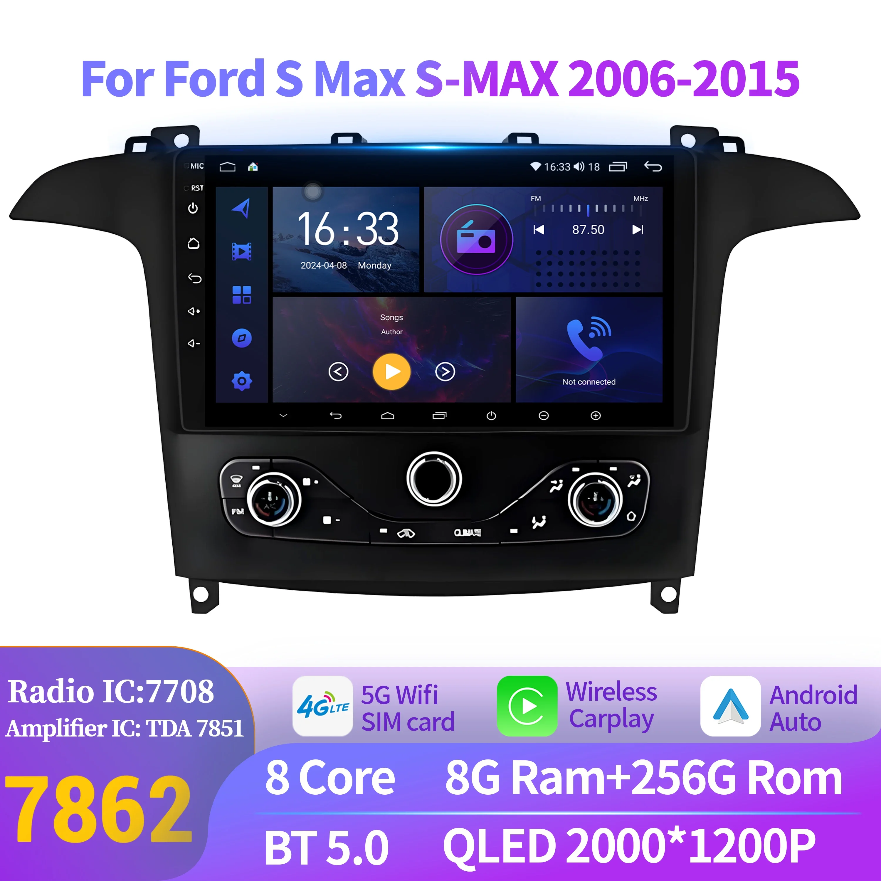 

For Ford S Max S-MAX 2006-2015 Android 14 4G Car Radio Multimedia Navigation GPS Bluetooth Wirelss BT Carplay 2K QLED Screen