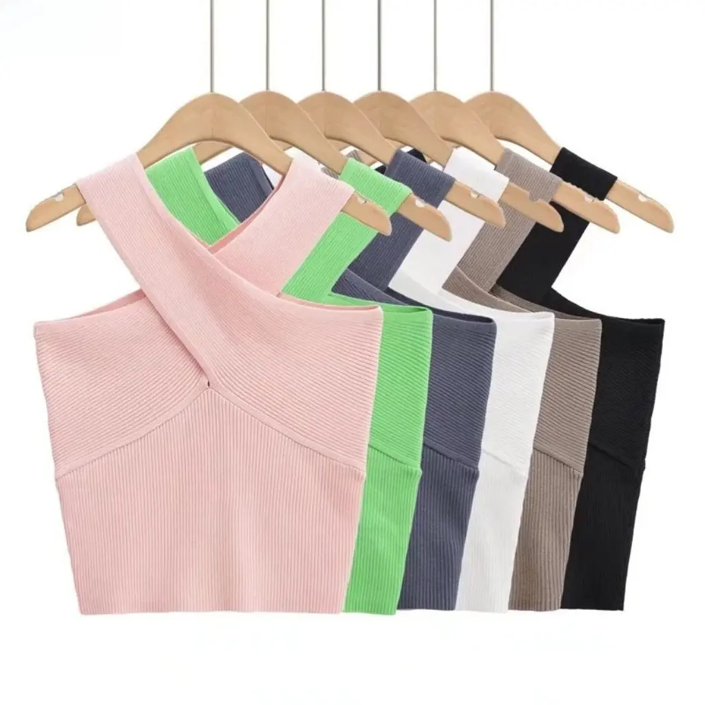 Damska seksowna dzianinowa kamizelka z krzyżującymi się ramiączkami na szyi, obcisłe szelki, hurtownia, nowość na lato 2025