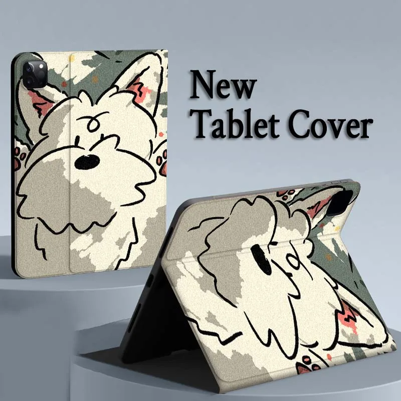 جرو أبيض على طراز الرسوم المتحركة لجهاز iPad Air Mini Pro 7 6 5 9.7 11 10.5 12.9 حافظة تابلت أوتوماتيكية للنوم/الاستيقاظ