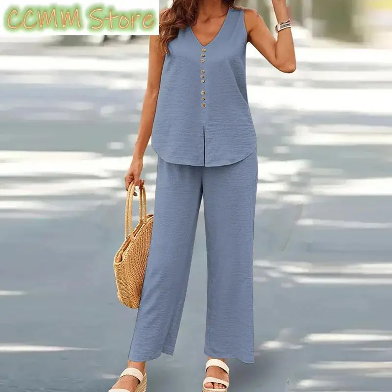 New Fashion Sleeveless Tank Top Button Wide Leg Pant Suits Lady V Neck Office Outfits Summer Female Streetwear Two Piece Sets