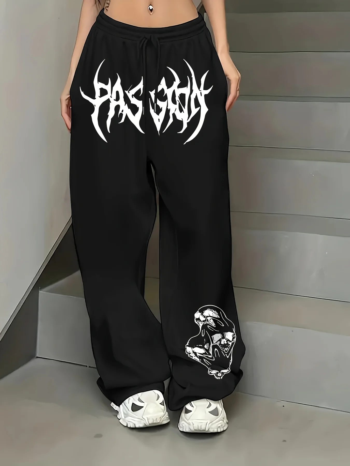 

Black Straight-leg Jogging Pants, Gothic Letter Print, Drawstring Waist, Machine Washable - Spring/autumn Casual Sport Pants