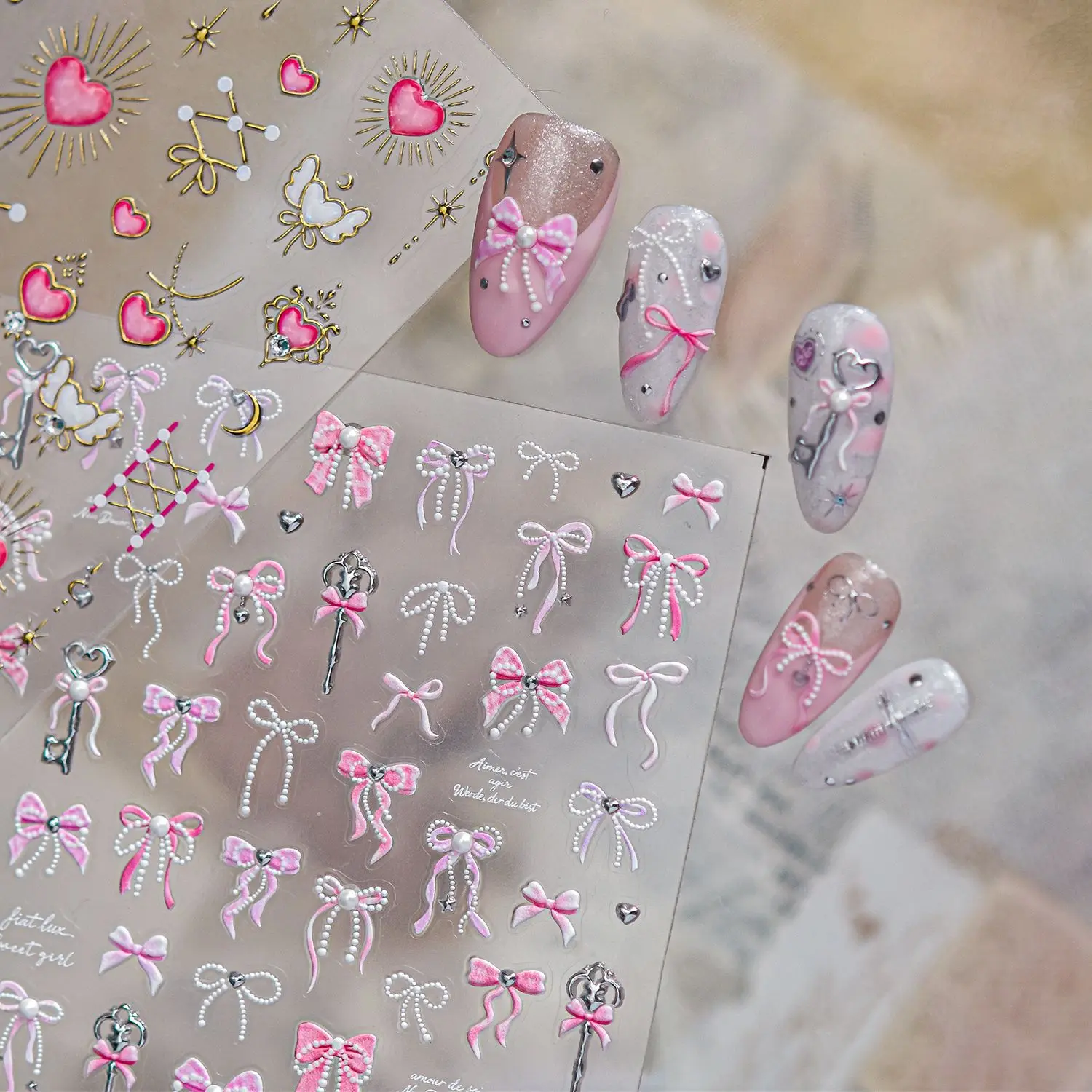 Pink Ribbon Bow Nail Charms Stickers 5D Gold Diamond Magic Wand Pattern Self-adhesive Nail Art Sticker for DIY Nail Decorations
