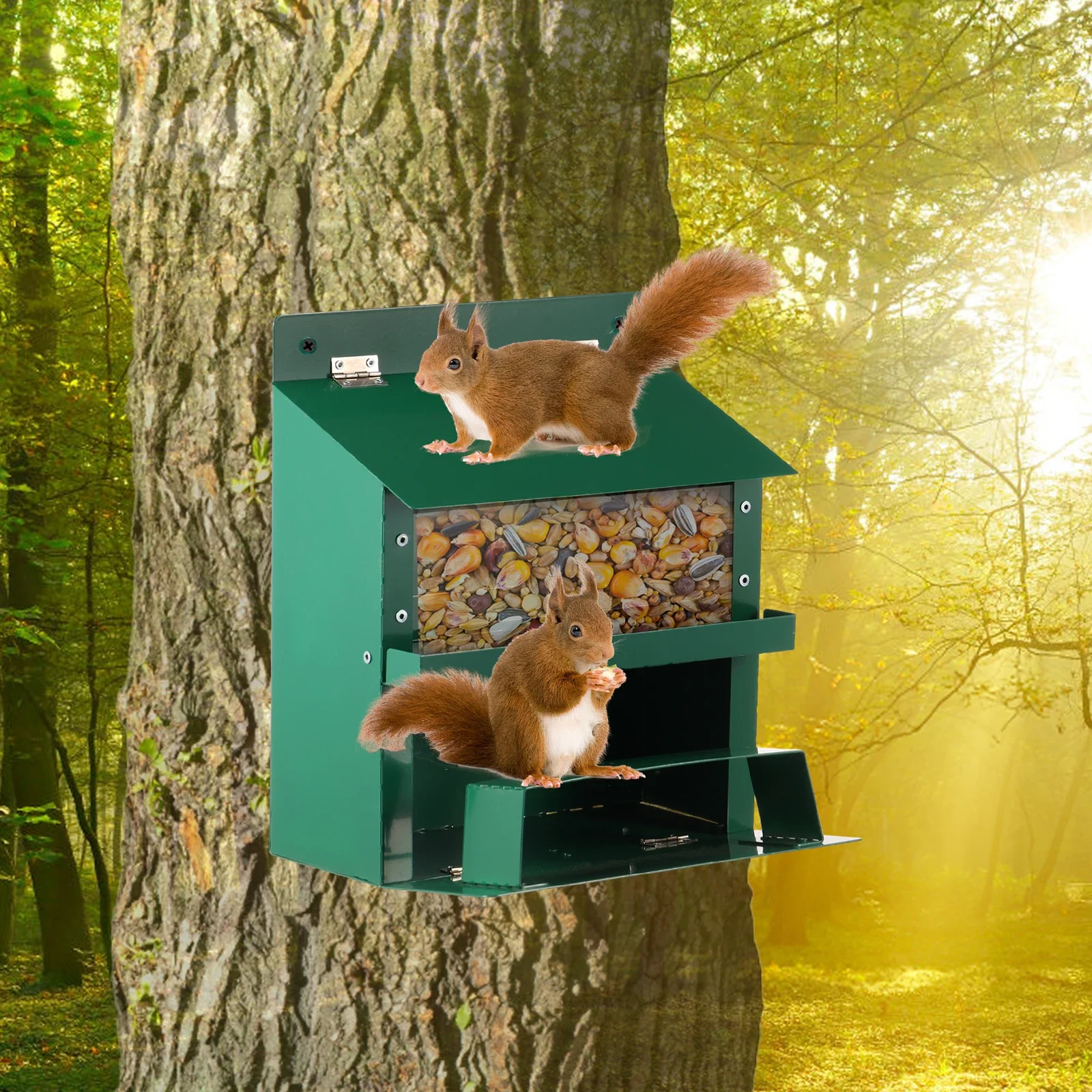

Metal Squirrel Feeder with Transparent Bin Roof Feeders for Outdoor Garden Backyard Sturdy Food Containers Squirrel Feeder House
