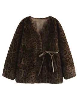 2024 kadın leopar desenli kürk orta uzunlukta kürk entegre altın vizon kadife mizaç ince v yaka ceket