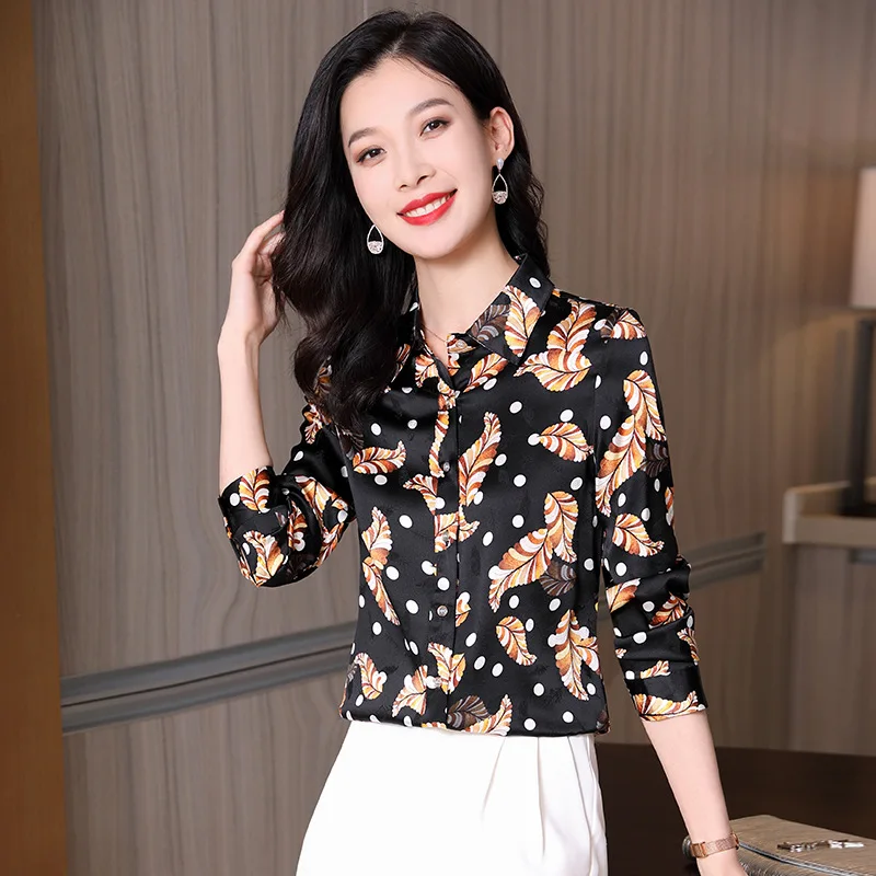 Birdtree 90% Silk 10% Spandex Vintage Shirt Women Long Sleeve New 2023 Autumn Thin Jacquard Office Lady Printed Blouse T30530QC